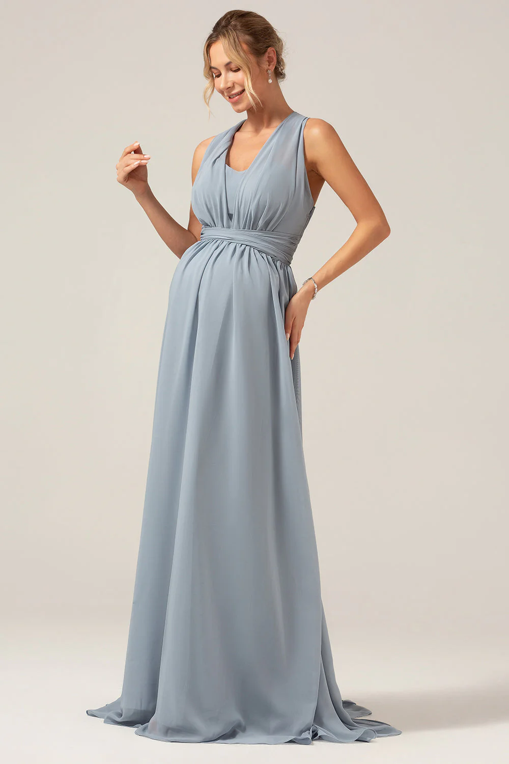 Dusty Blue Convertible Boho Chiffon Long Bridesmaid Dress - Image 5