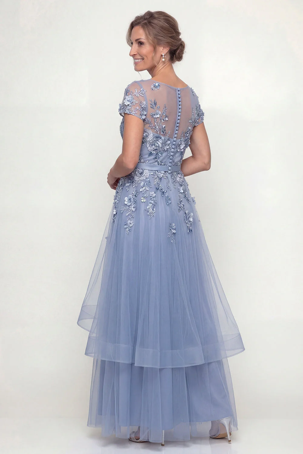 Dusty Blue Embroidered A Line Short Sleeves Mother of the Bride Dress with Ruffles - Image 2
