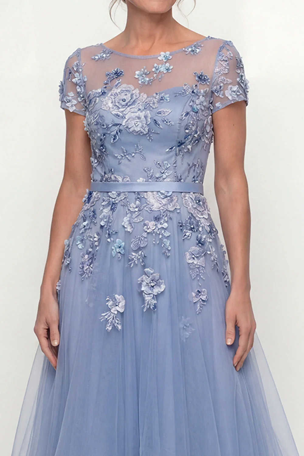 Dusty Blue Embroidered A Line Short Sleeves Mother of the Bride Dress with Ruffles - Image 3