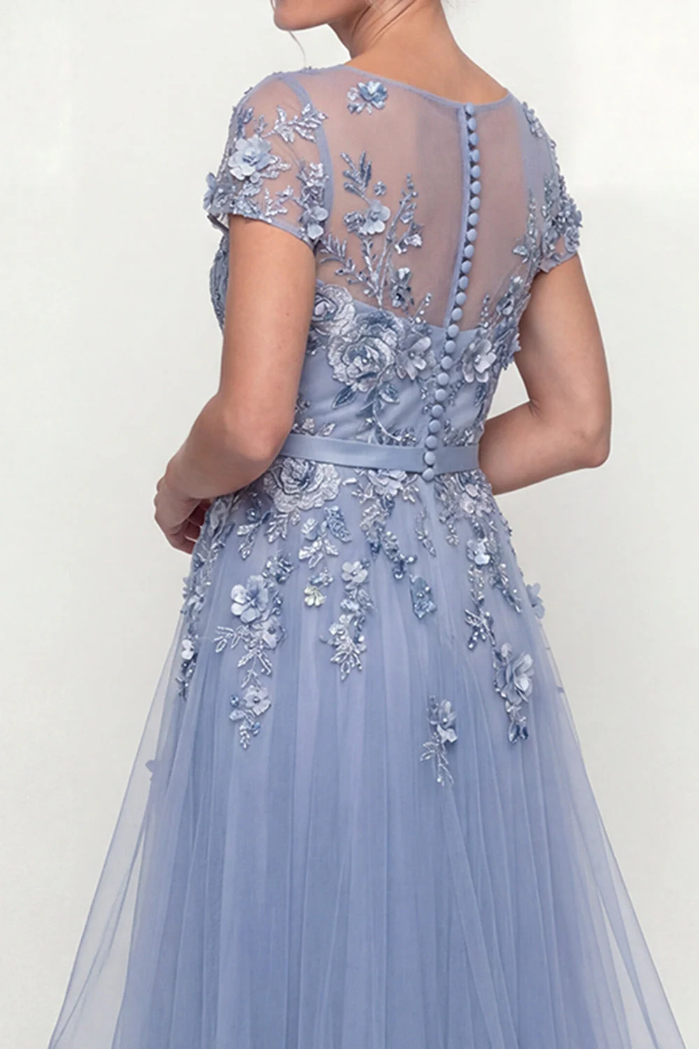 Dusty Blue Embroidered A Line Short Sleeves Mother of the Bride Dress with Ruffles - Image 4
