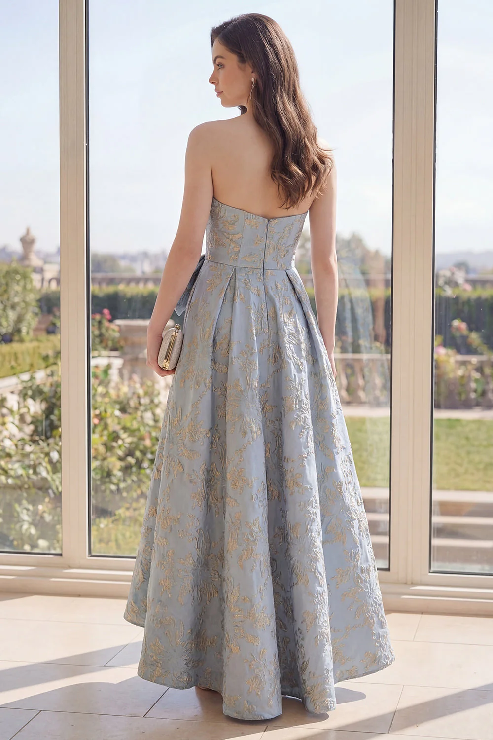 Dusty Blue Sweetheart Jacquard A Line Floral Dress with Bow - Image 2