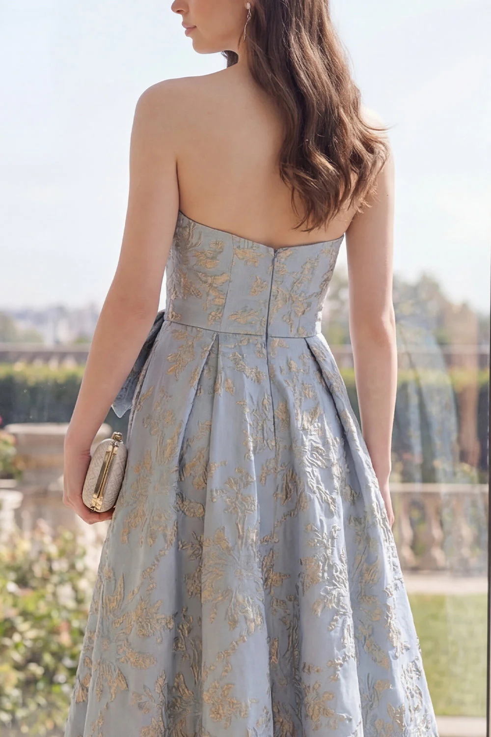Dusty Blue Sweetheart Jacquard A Line Floral Dress with Bow - Image 3