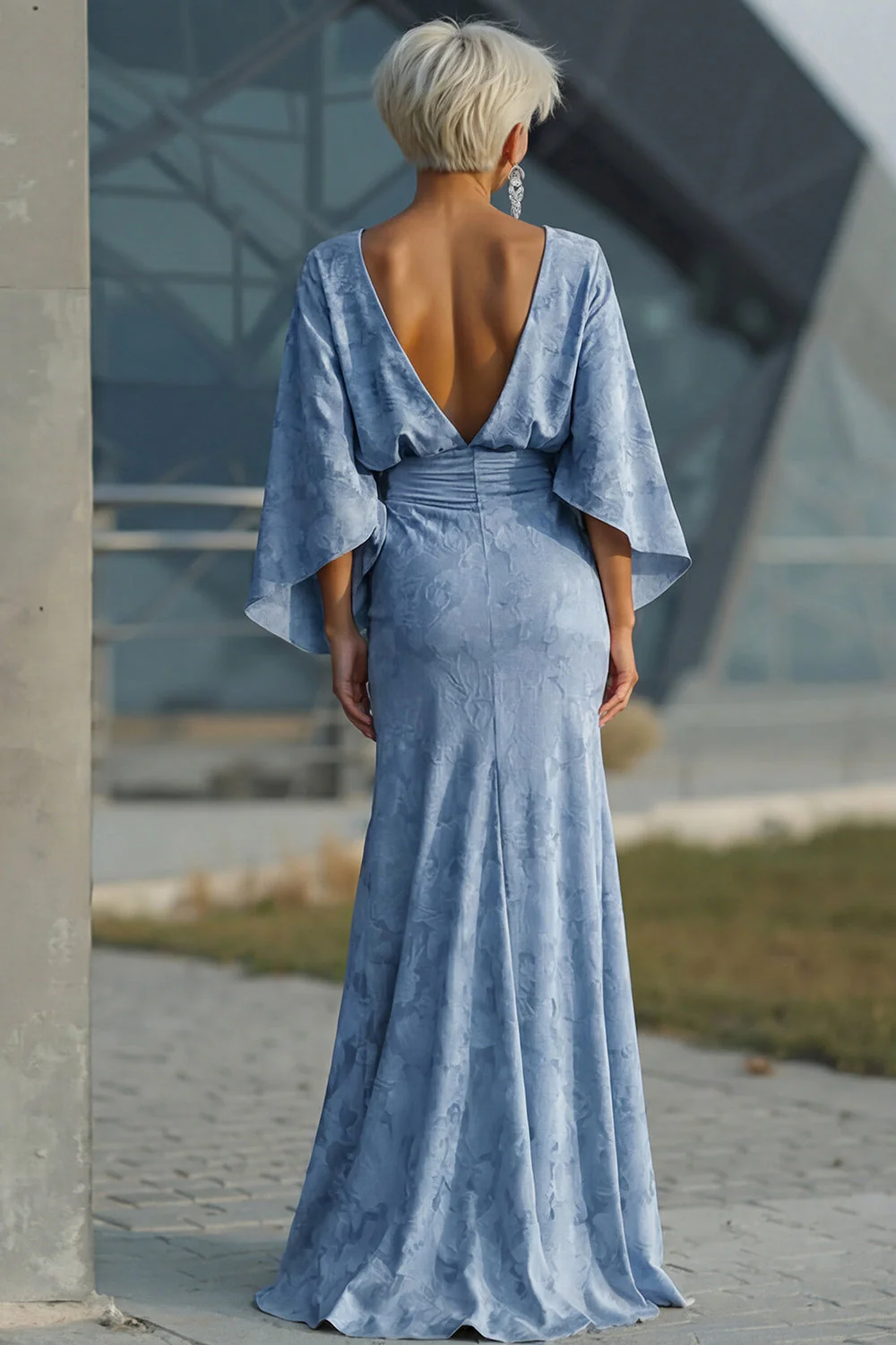 Dusty Blue Floral Sheath Ruched Mother of the Bride Dress with Flared Sleeves - Image 2