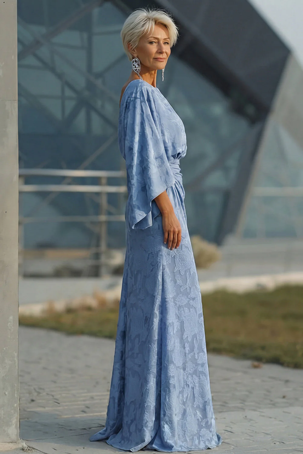 Dusty Blue Floral Sheath Ruched Mother of the Bride Dress with Flared Sleeves - Image 3