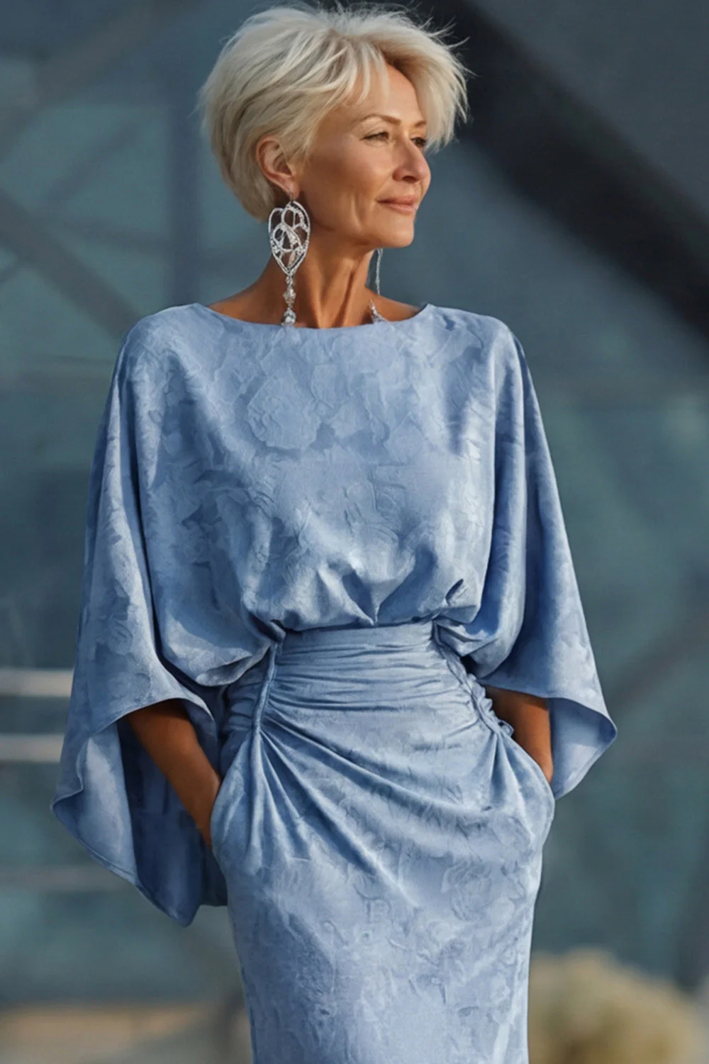 Dusty Blue Floral Sheath Ruched Mother of the Bride Dress with Flared Sleeves - Image 4