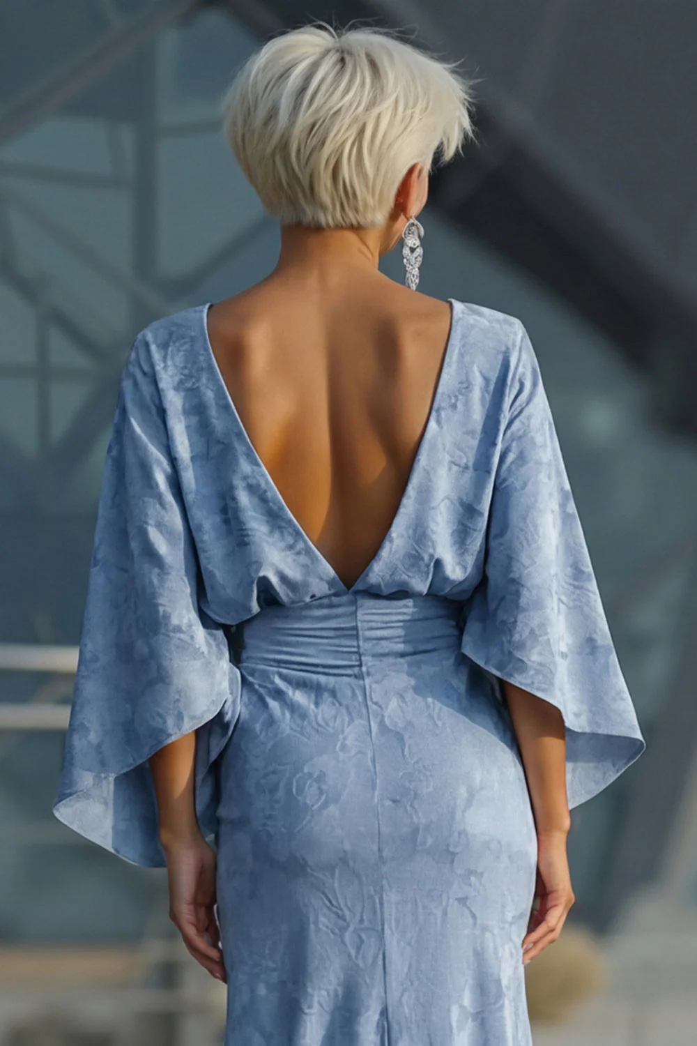 Dusty Blue Floral Sheath Ruched Mother of the Bride Dress with Flared Sleeves - Image 5