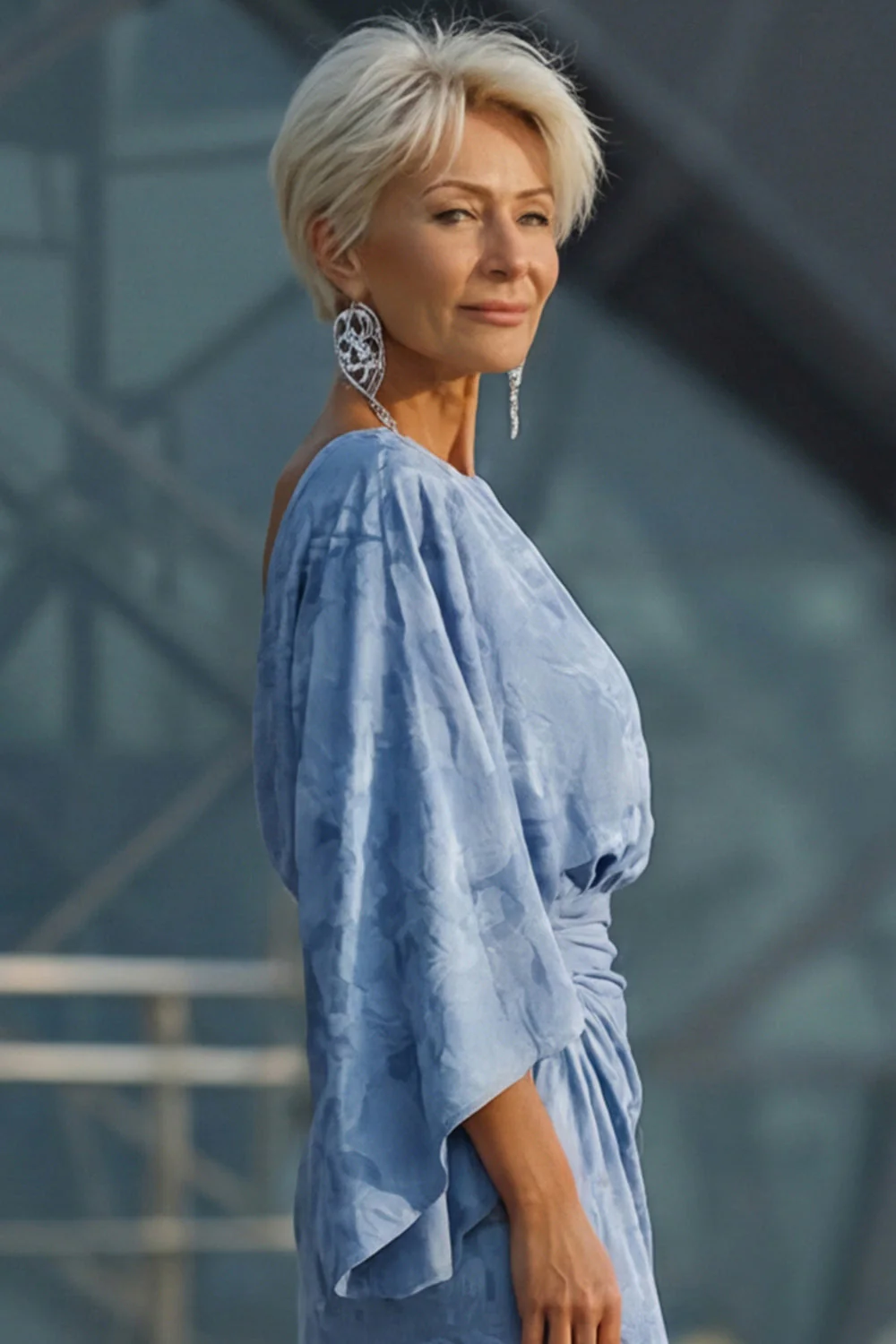 Dusty Blue Floral Sheath Ruched Mother of the Bride Dress with Flared Sleeves - Image 6