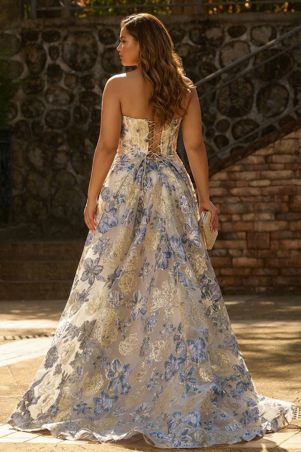 Dusty Blue Floral Strapless Brocade Corset A Line Long Plus Size Prom Dress with Slit - Image 2