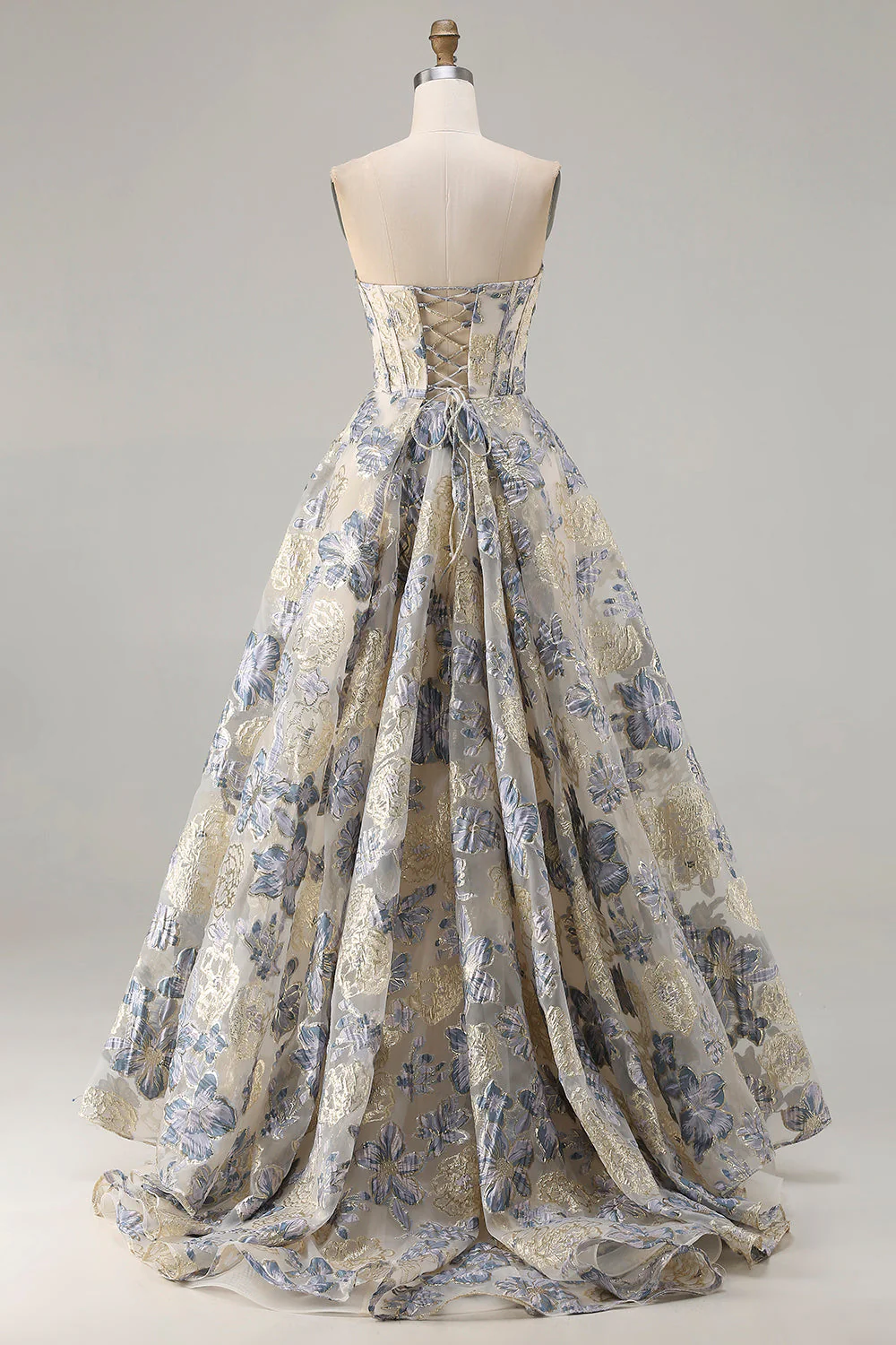 Dusty Blue Floral Strapless Corset A Line Long Prom Dress with Slit - Image 2