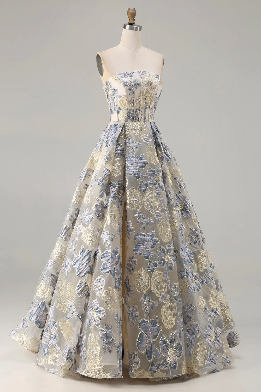 Dusty Blue Floral Strapless Corset A Line Long Prom Dress with Slit - Image 3