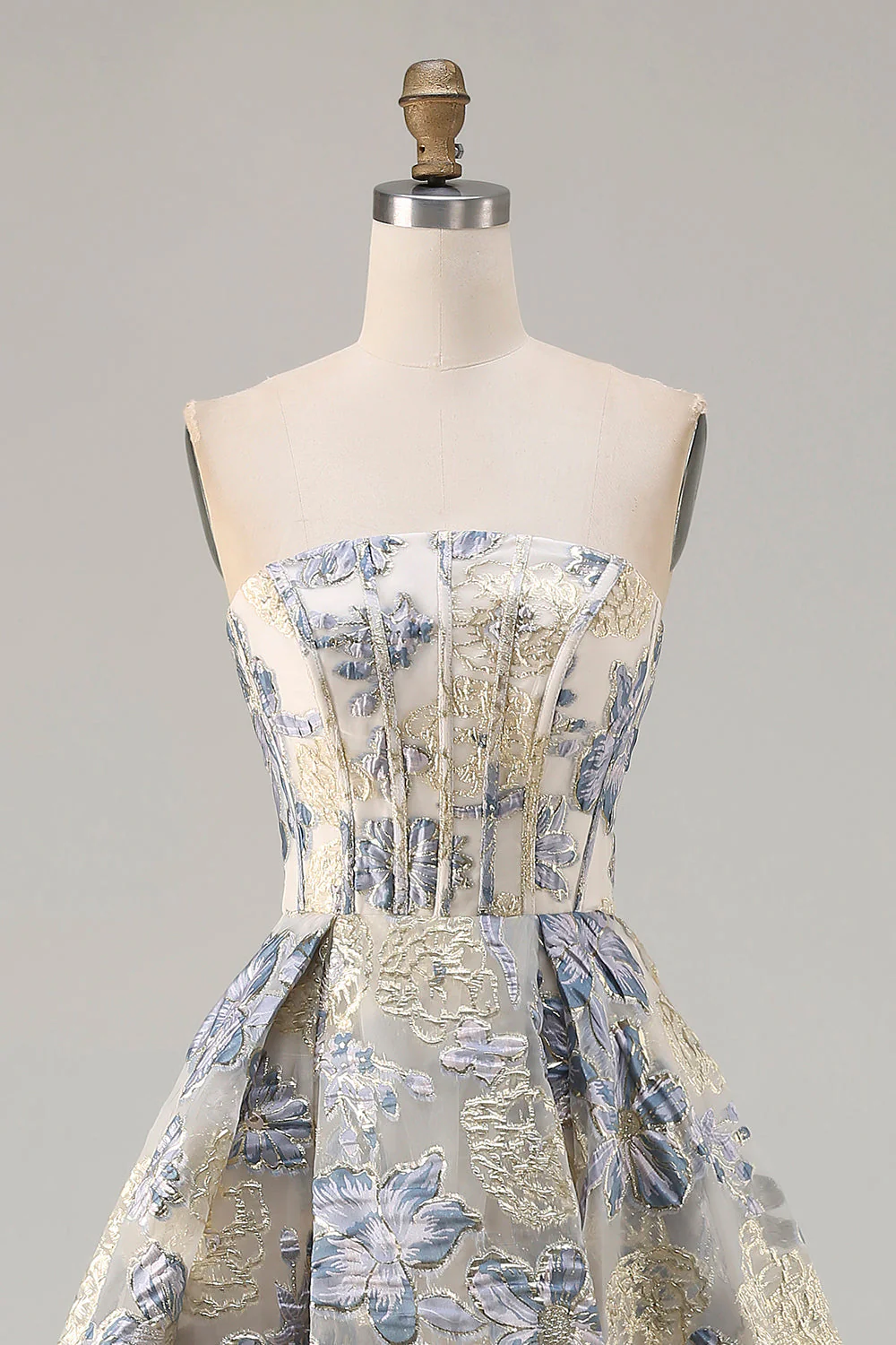 Dusty Blue Floral Strapless Corset A Line Long Prom Dress with Slit - Image 4
