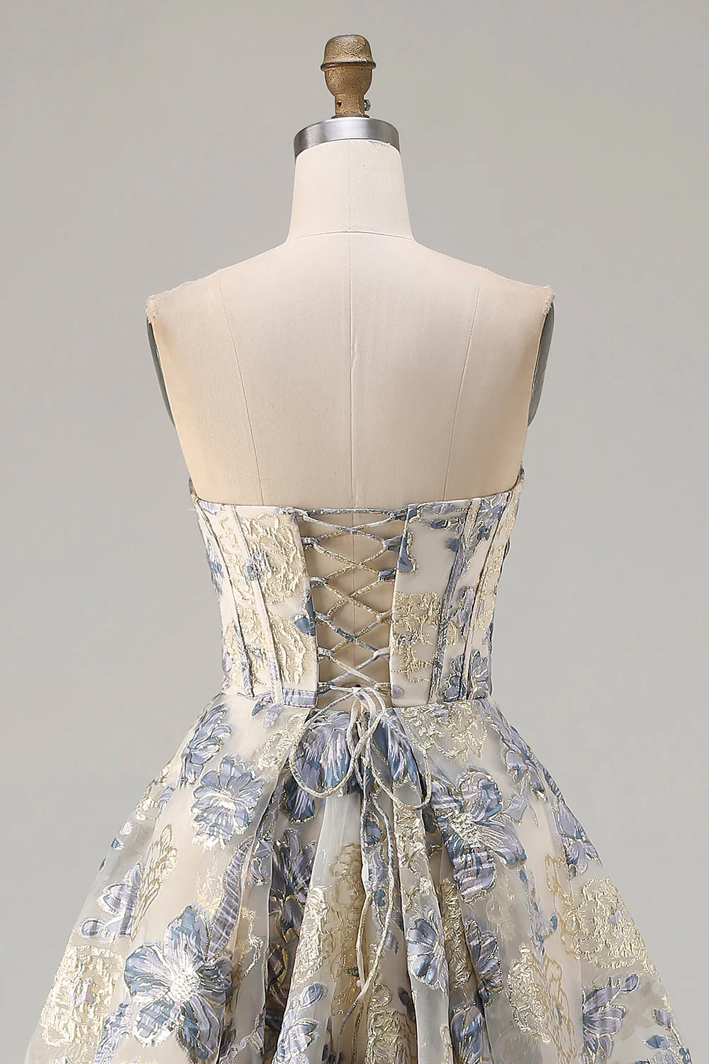 Dusty Blue Floral Strapless Corset A Line Long Prom Dress with Slit - Image 5