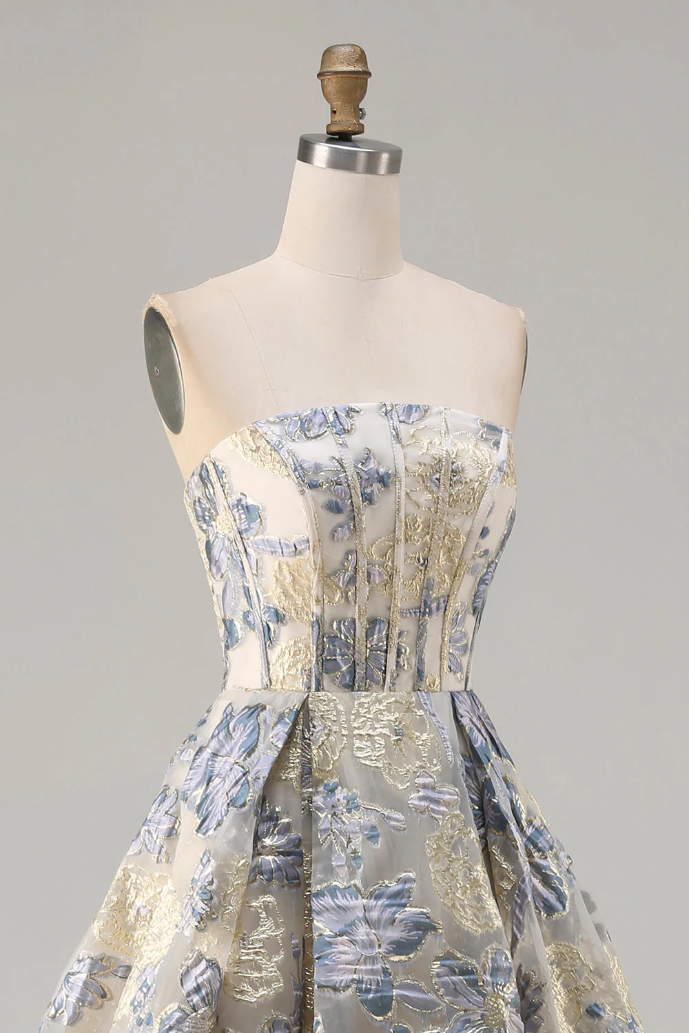 Dusty Blue Floral Strapless Corset A Line Long Prom Dress with Slit - Image 6