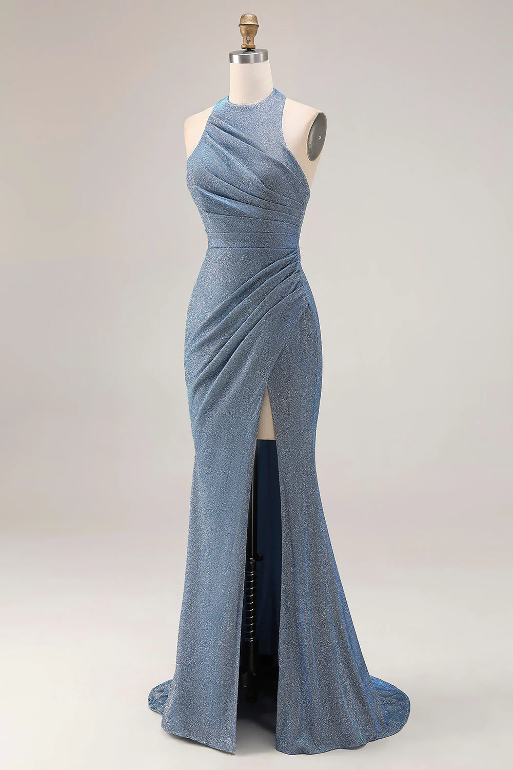 Dusty Blue Halter Mermaid Ruched Long Prom Dress with Slit - Image 3