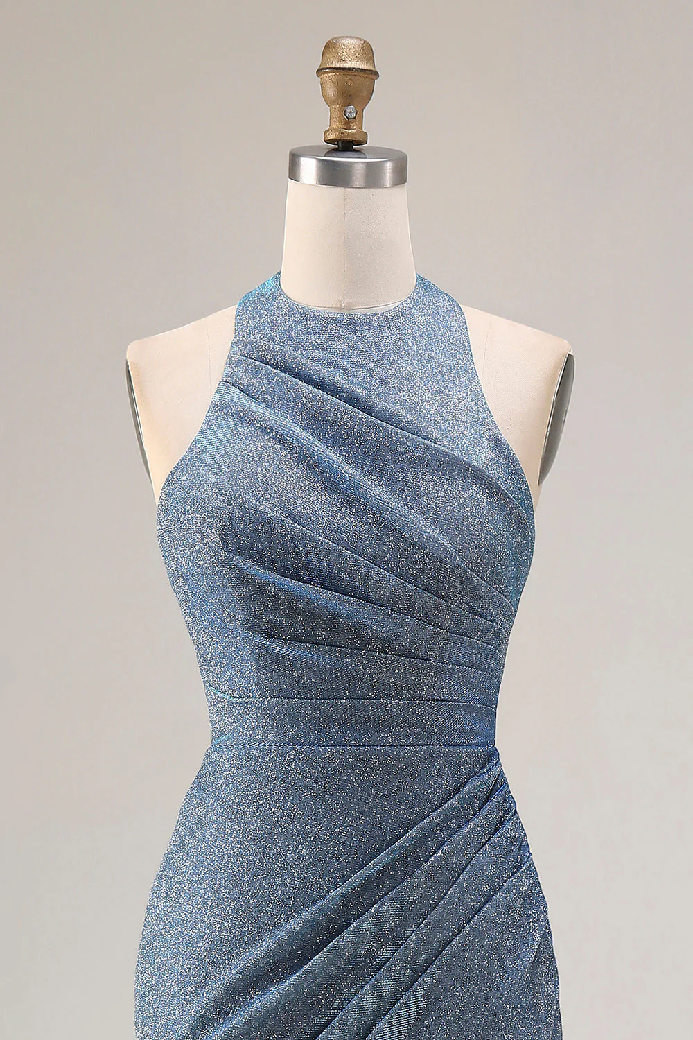 Dusty Blue Halter Mermaid Ruched Long Prom Dress with Slit - Image 4