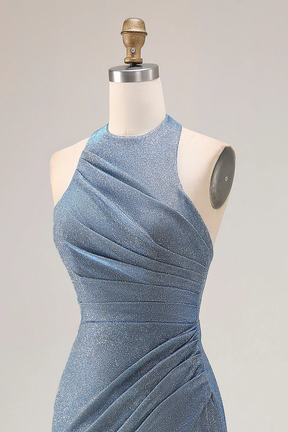 Dusty Blue Halter Mermaid Ruched Long Prom Dress with Slit - Image 6