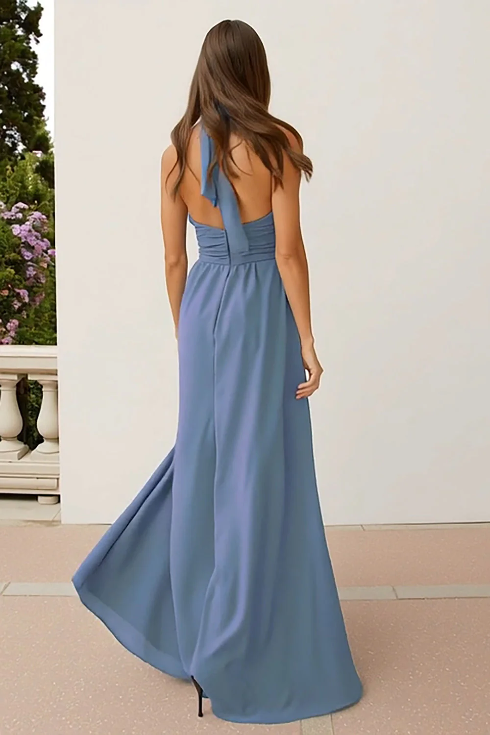 Dusty Blue Halter Neck A Line Long Bridesmaid Dress - Image 2