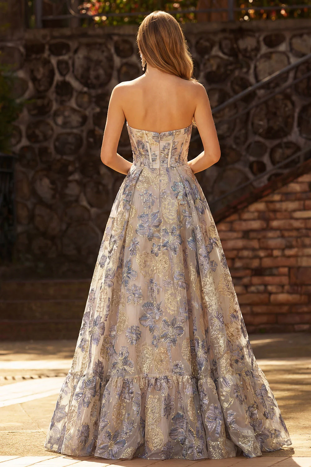 Dusty Blue Jacquard A Line Corset Strapless Long Prom Dress with Slit - Image 2