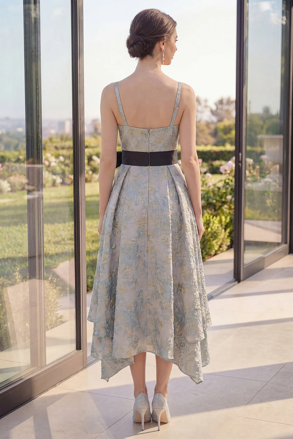 Dusty Blue Jacquard Asymmetrical V-Neck Midi Floral Dress with Bow - Image 2