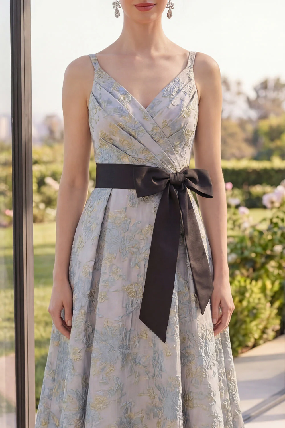 Dusty Blue Jacquard Asymmetrical V-Neck Midi Floral Dress with Bow - Image 3