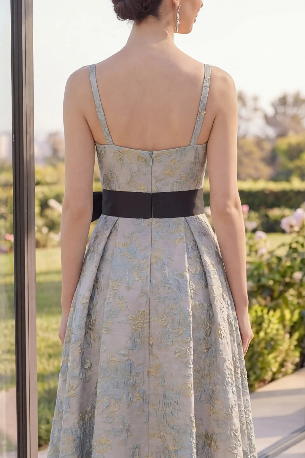 Dusty Blue Jacquard Asymmetrical V-Neck Midi Floral Dress with Bow - Image 4
