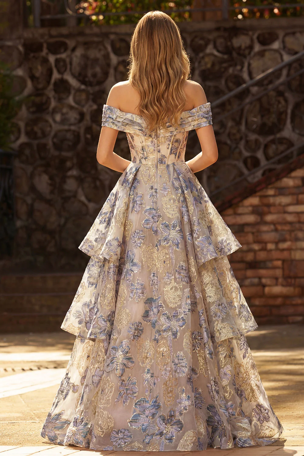 Dusty Blue Jacquard Off the Shoulder A Line Corset Long Tiered Prom Dress with Slit - Image 2