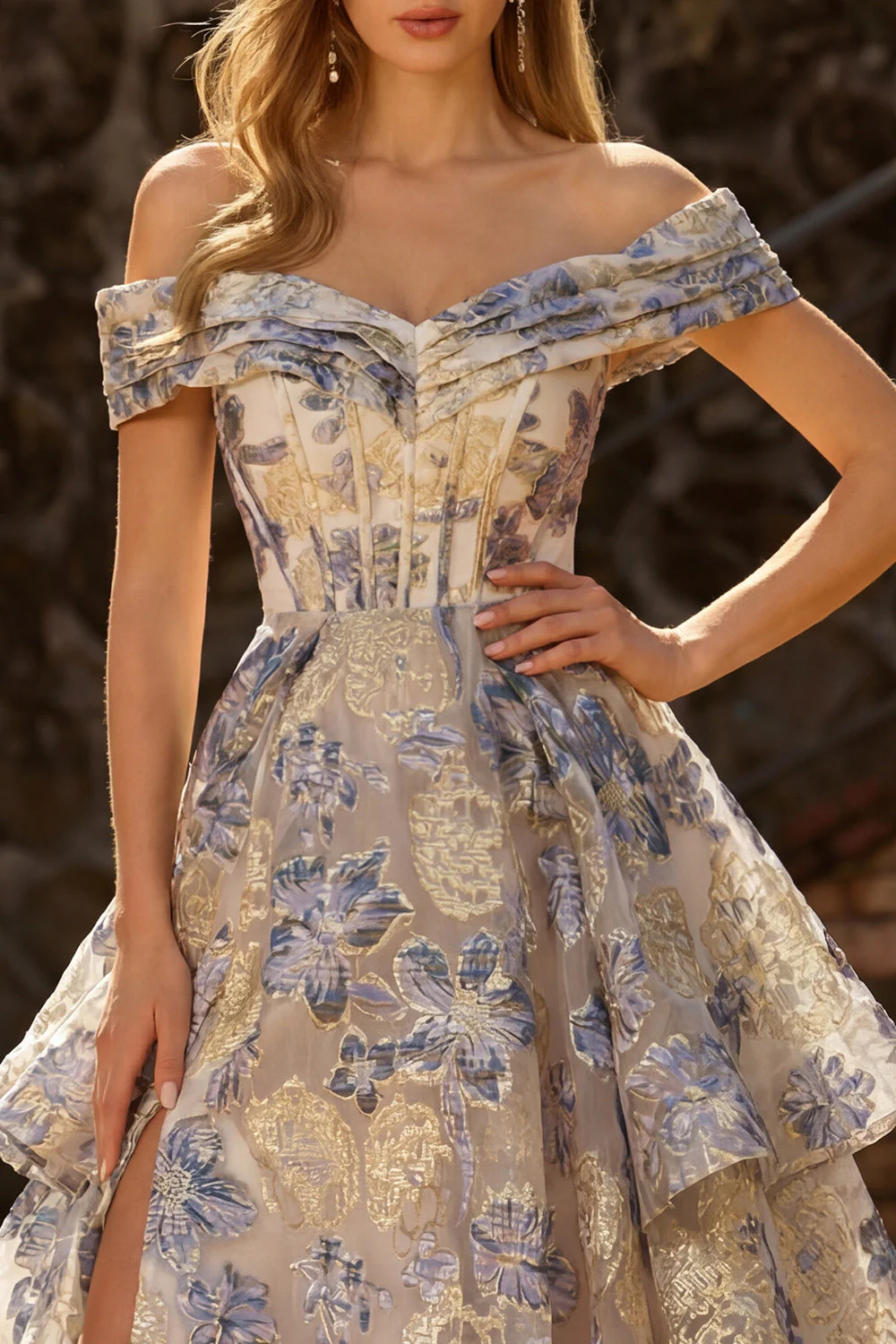 Dusty Blue Jacquard Off the Shoulder A Line Corset Long Tiered Prom Dress with Slit - Image 3