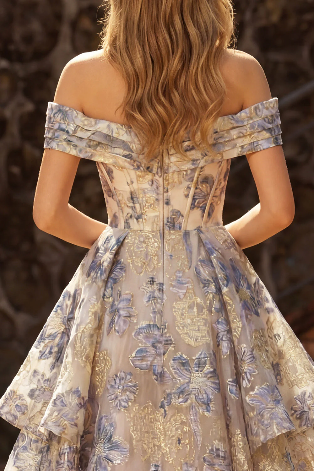 Dusty Blue Jacquard Off the Shoulder A Line Corset Long Tiered Prom Dress with Slit - Image 4