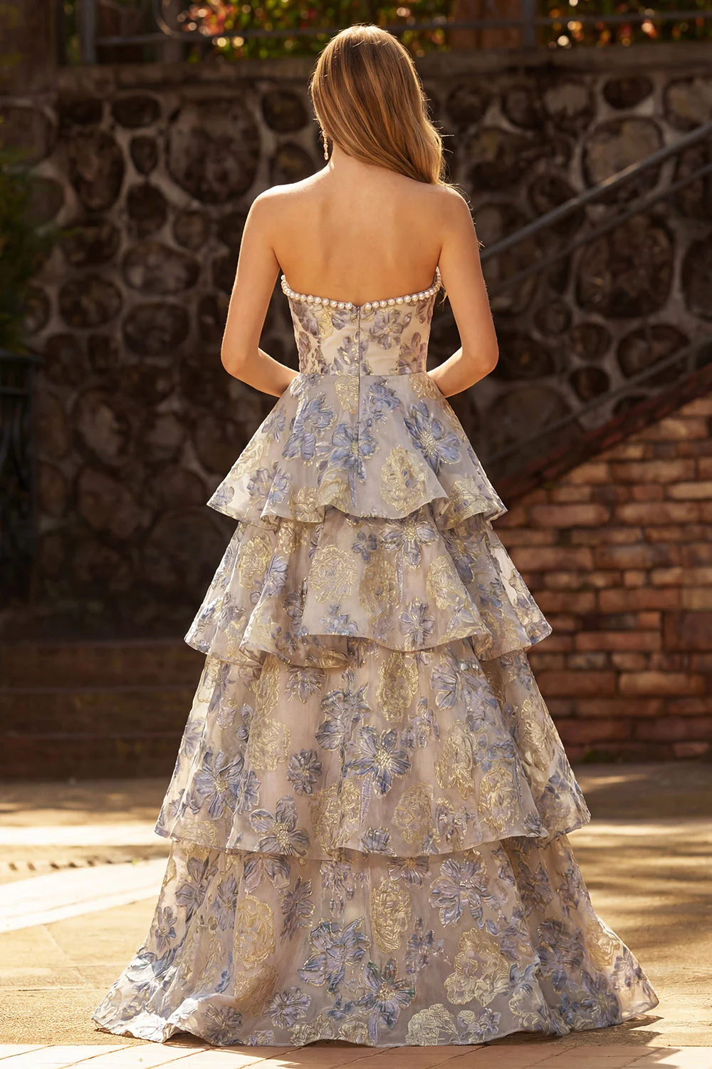 Dusty Blue Jacquard Pearl Strapless A Line Long Tiered Prom Dress with Slit - Image 2