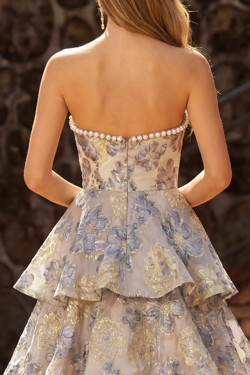 Dusty Blue Jacquard Pearl Strapless A Line Long Tiered Prom Dress with Slit - Image 4