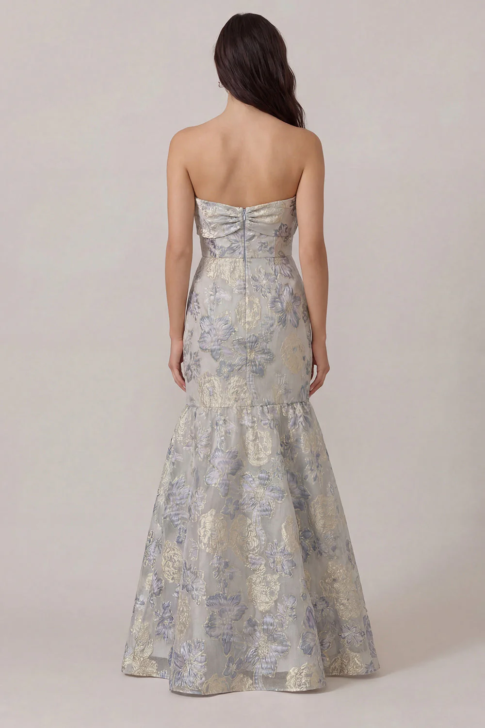 Dusty Blue Mermaid Jacquard Satin Wedding Guest Dress with Bowknot - Image 2