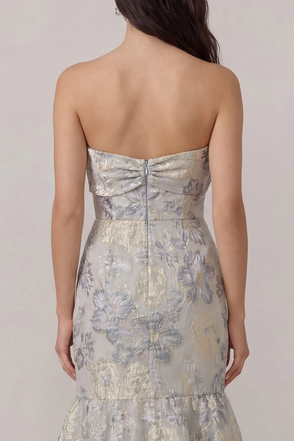 Dusty Blue Mermaid Jacquard Satin Wedding Guest Dress with Bowknot - Image 4