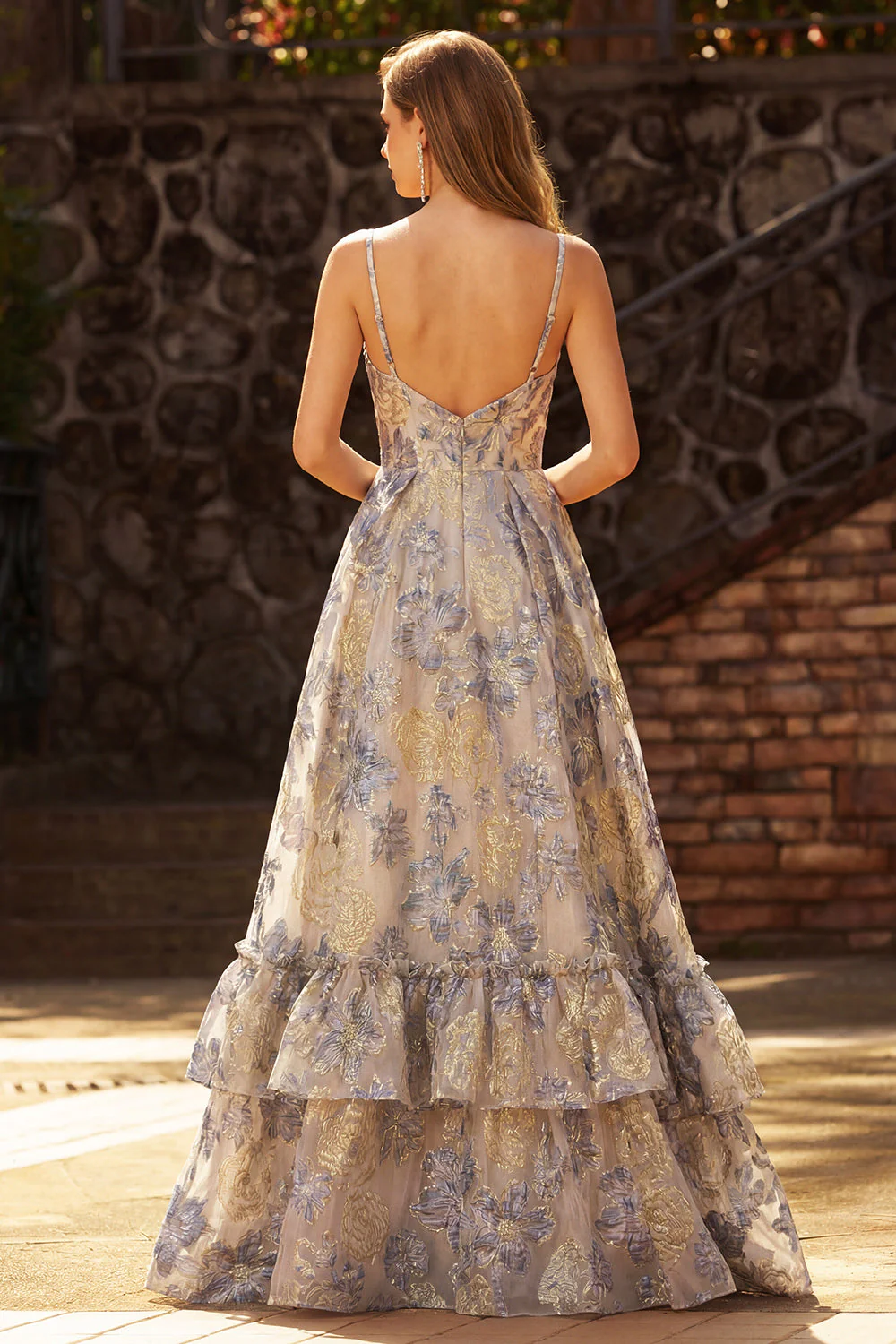 Dusty Blue Jacquard Spaghetti Straps A Line Corset Long Prom Dress with Slit - Image 2