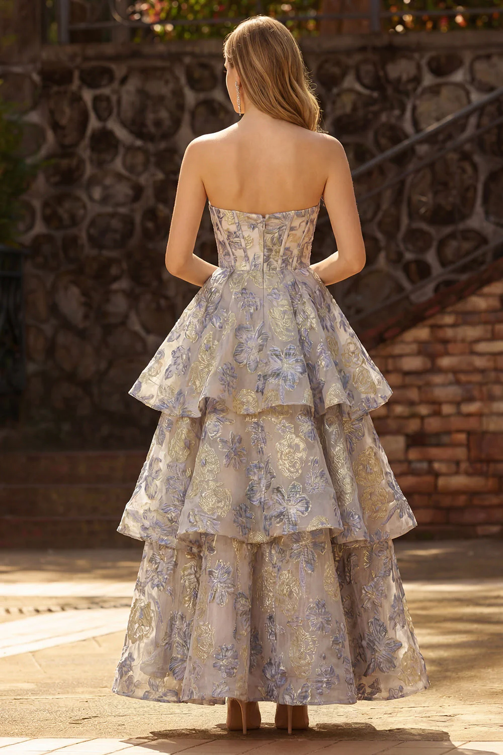 Dusty Blue Jacquard Strapless A Line Corset Tiered Prom Dress with Ruffles - Image 2