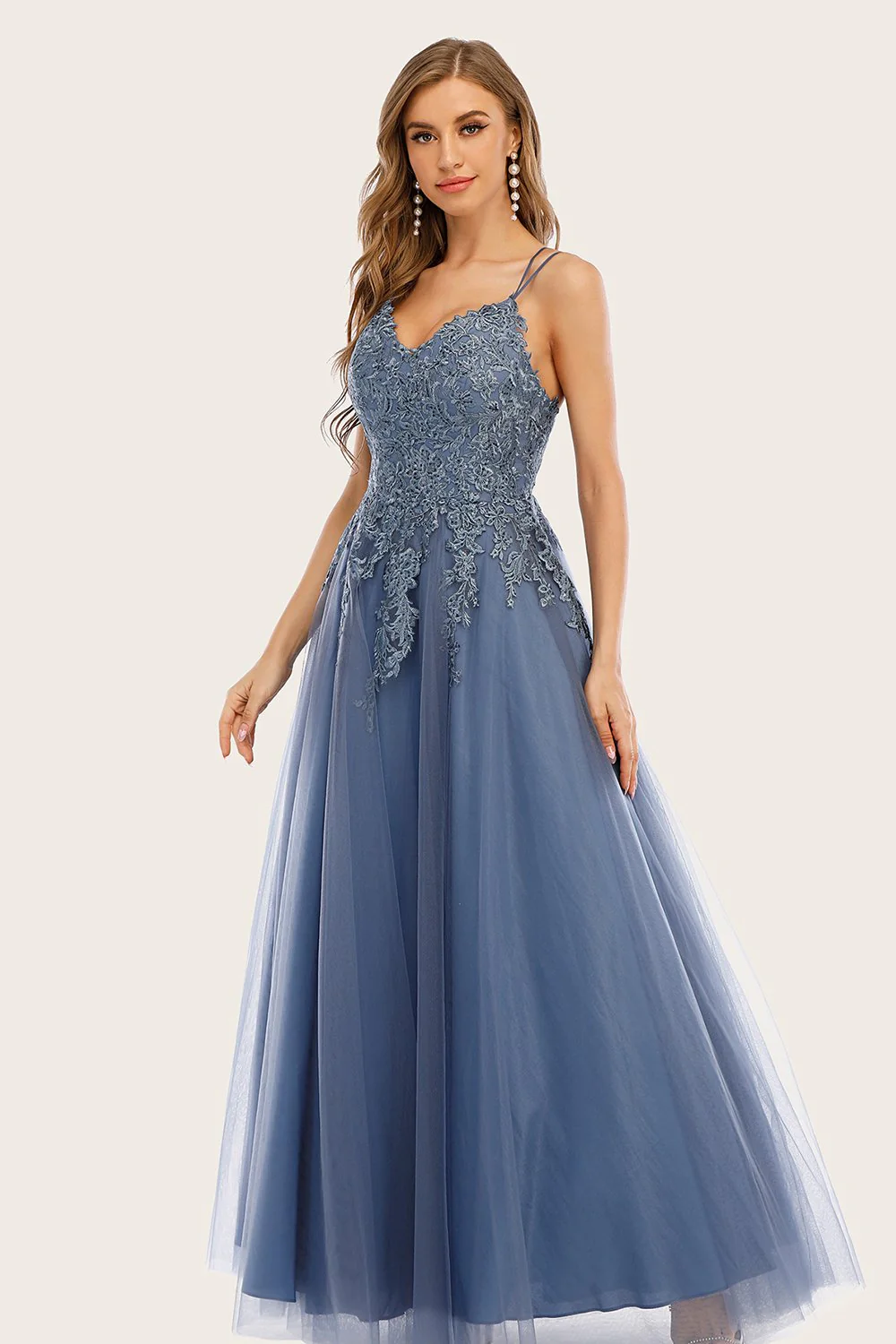 Dusty Blue Long Prom Dress with Lace - Image 3