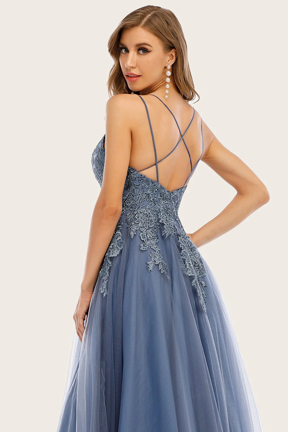 Dusty Blue Long Prom Dress with Lace - Image 4
