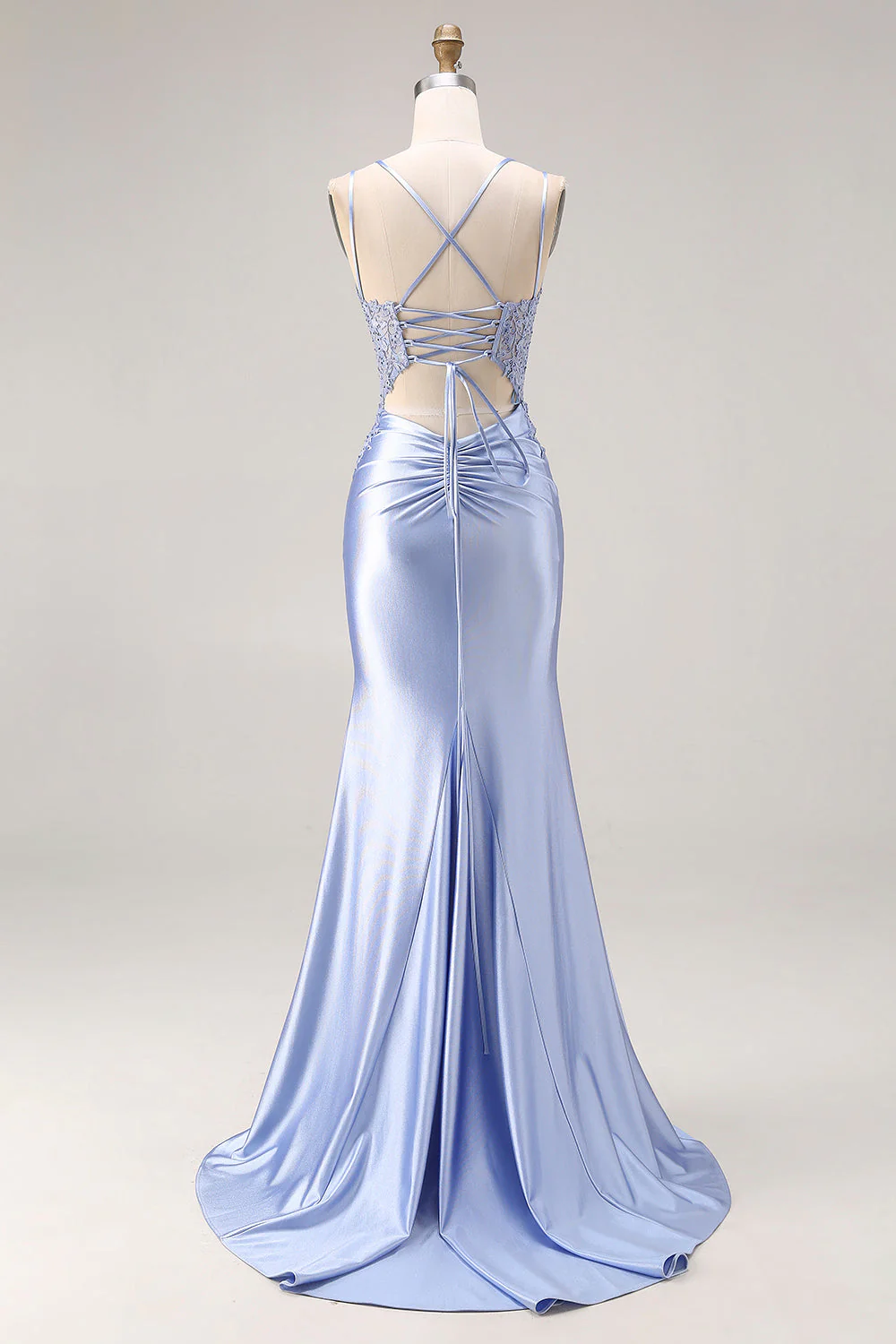 Dusty Blue Mermaid Beaded Satin Corset Long Prom Dress with Slit - Image 2