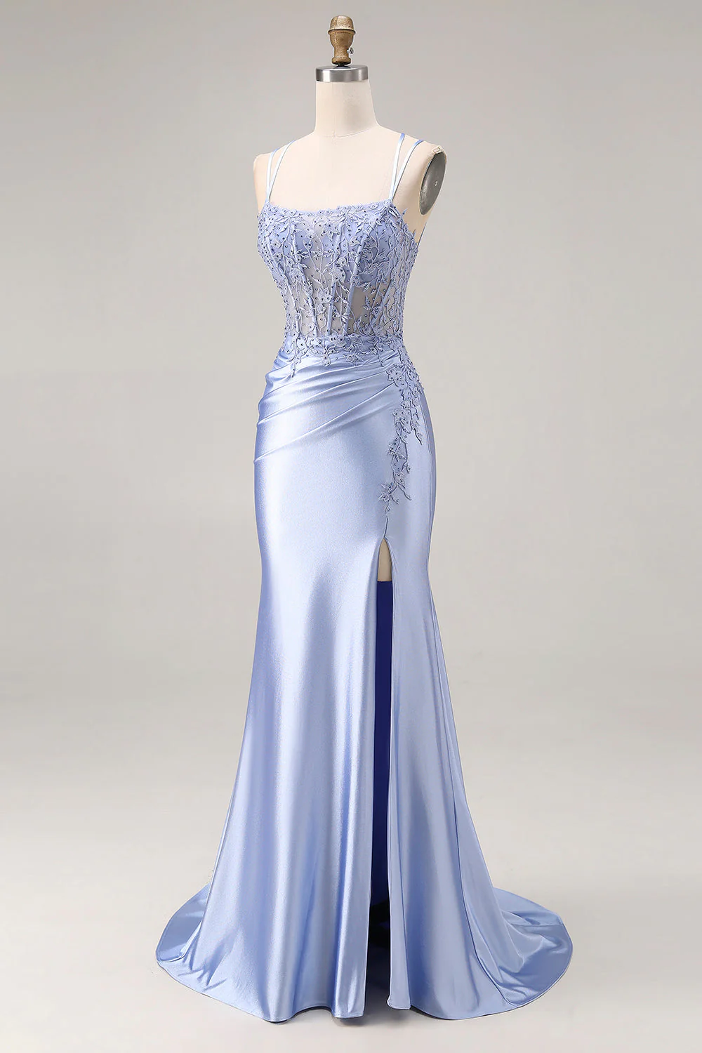 Dusty Blue Mermaid Beaded Satin Corset Long Prom Dress with Slit - Image 3