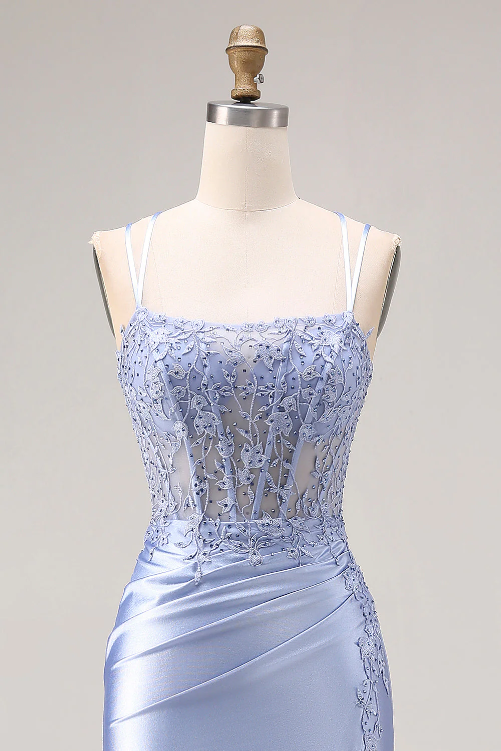 Dusty Blue Mermaid Beaded Satin Corset Long Prom Dress with Slit - Image 4