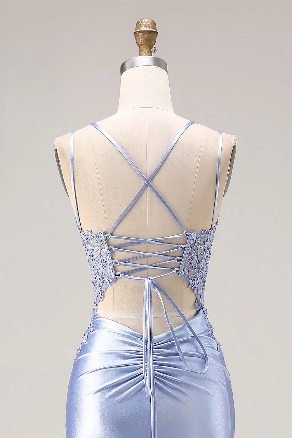 Dusty Blue Mermaid Beaded Satin Corset Long Prom Dress with Slit - Image 5