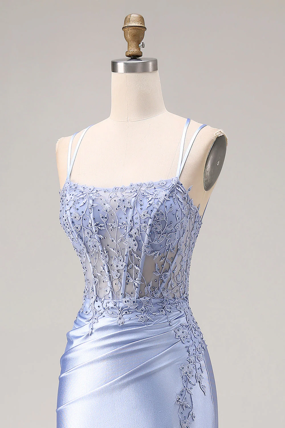 Dusty Blue Mermaid Beaded Satin Corset Long Prom Dress with Slit - Image 6