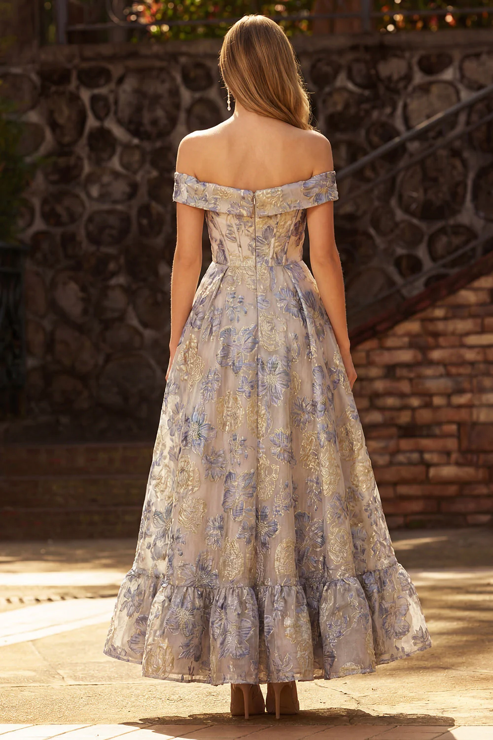 Dusty Blue Off the Shoulder Jacquard A Line Corset Prom Dress - Image 2