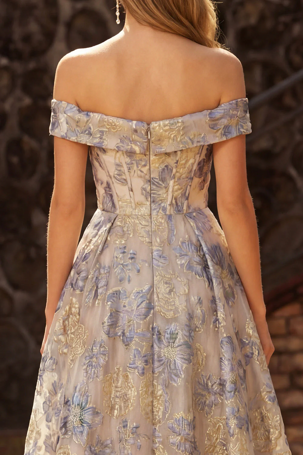 Dusty Blue Off the Shoulder Jacquard A Line Corset Prom Dress - Image 4