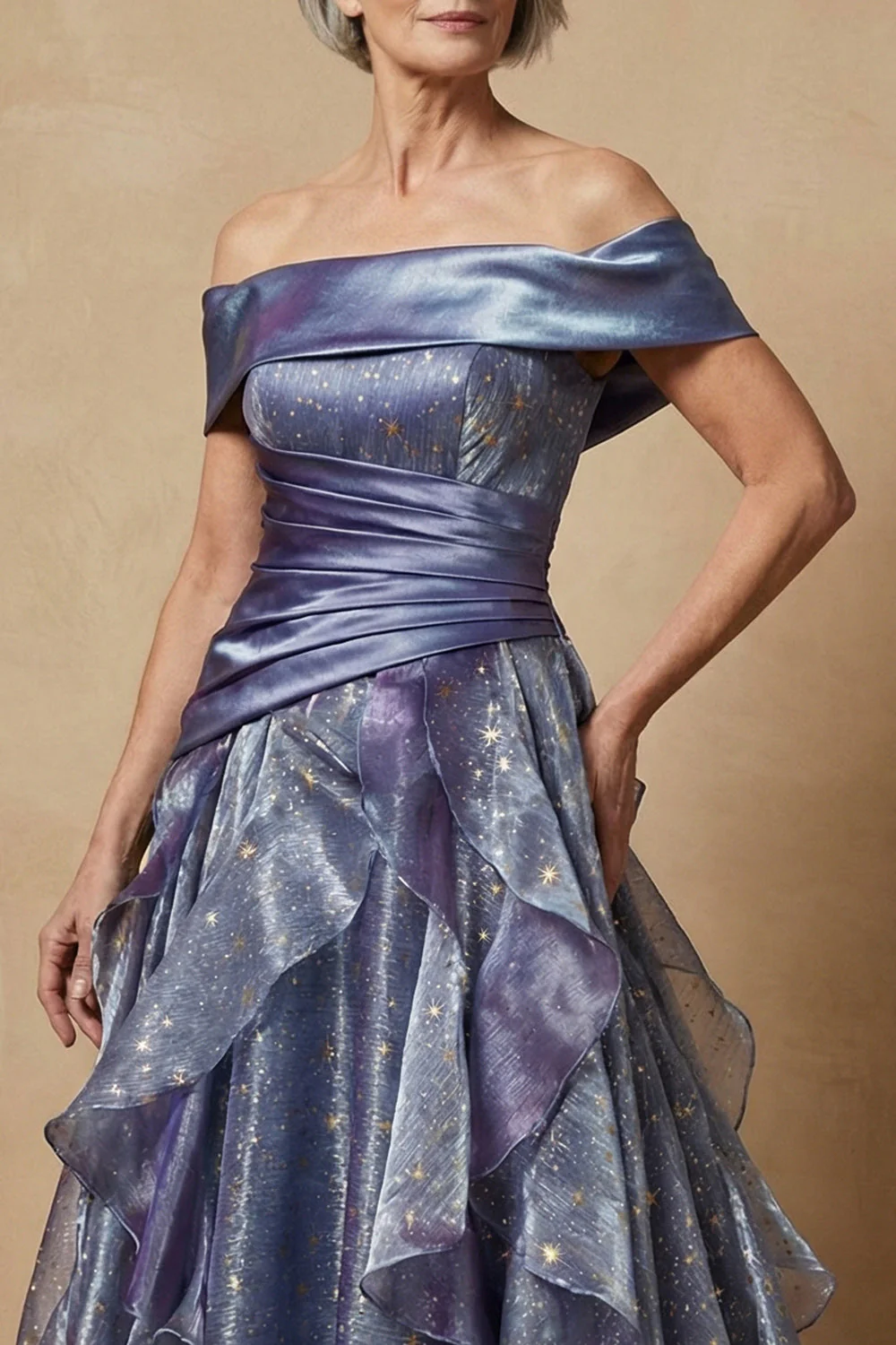 Dusty Blue Off The Shoulder Ruffled A-Line Long Mother of the Bride Dress - Image 3