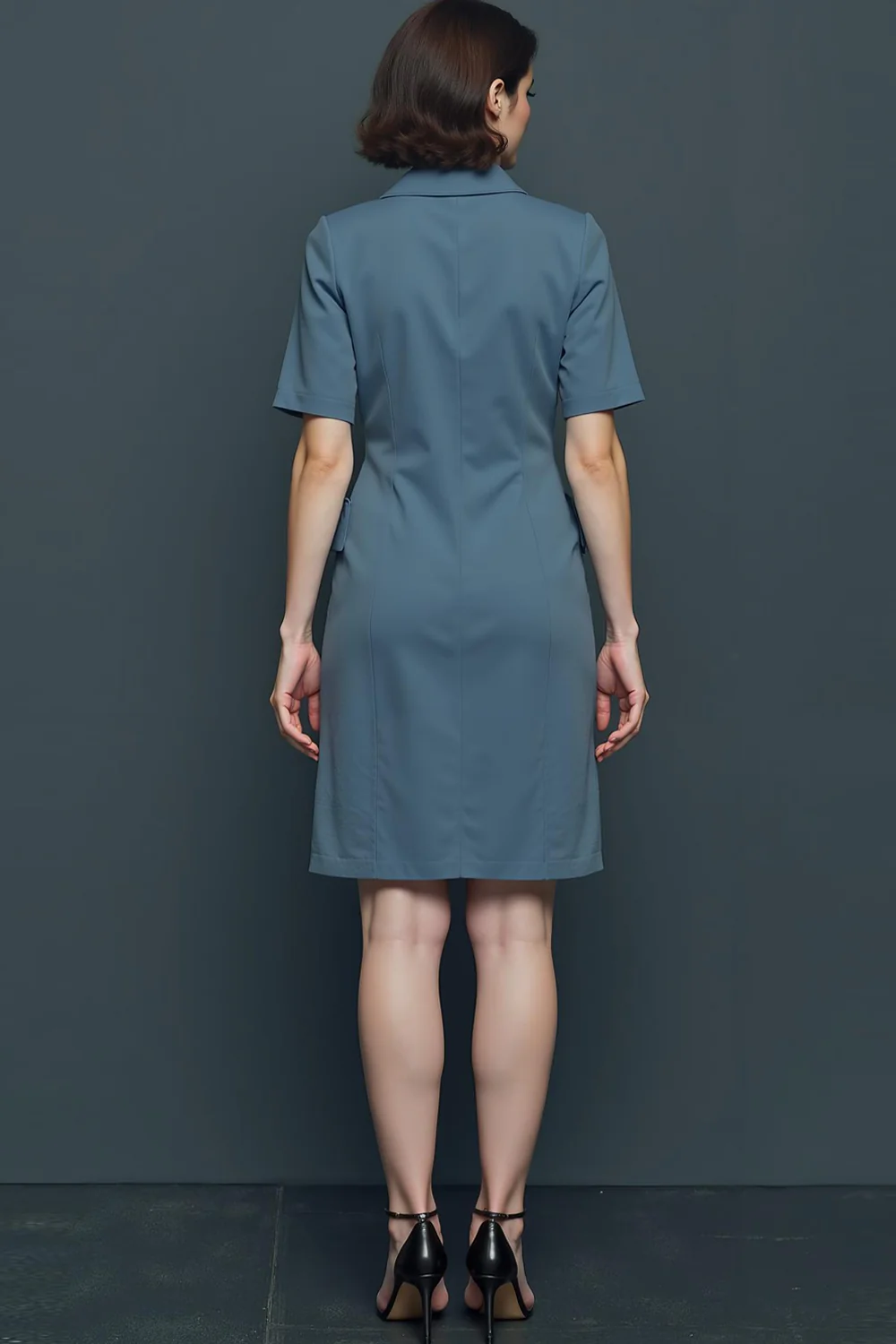 Dusty Blue Pencil Single Breasted Notched Lapel Midi Work Dress with Sleeves - Image 2