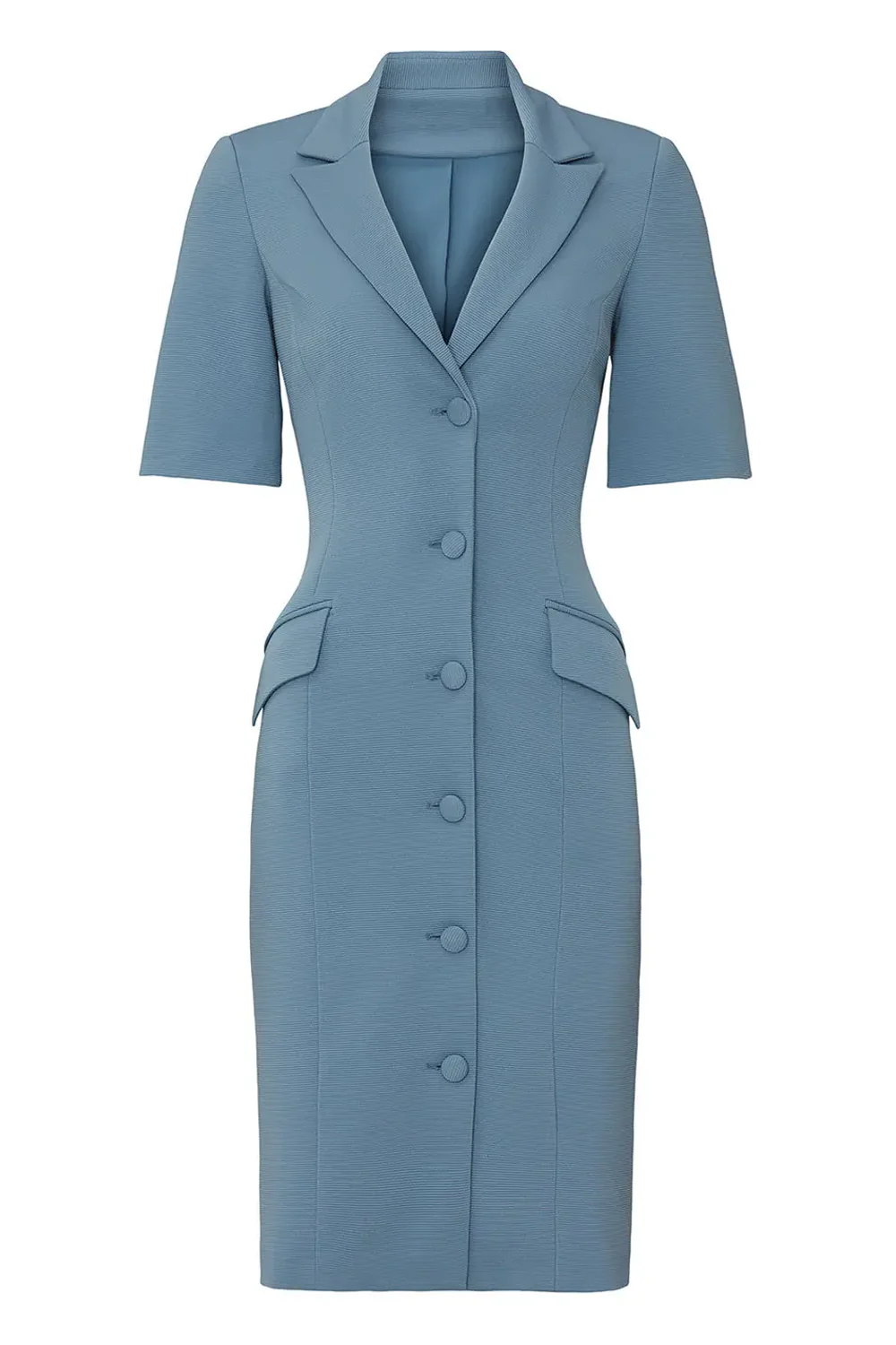 Dusty Blue Pencil Single Breasted Notched Lapel Midi Work Dress with Sleeves - Image 3