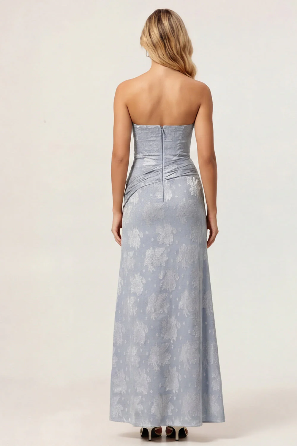 Dusty Blue Print Strapless Sheath Ruched Midi Dress with Slit - Image 2