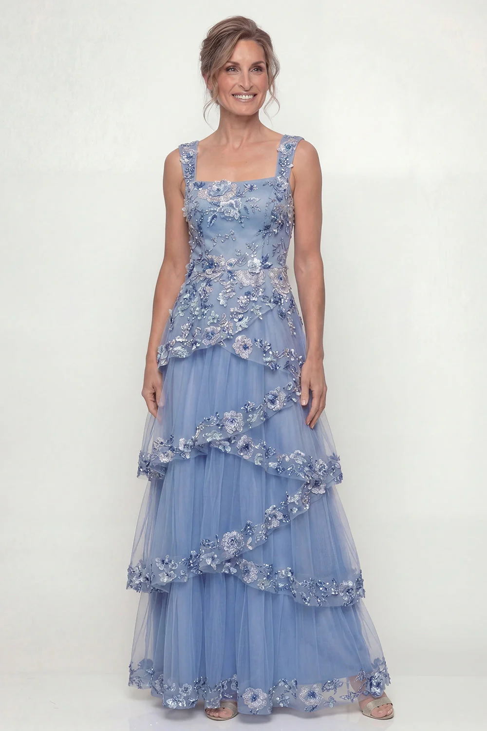 Dusty Blue Ruffled A Line Sequins Long Mother of the Bride Dress with Pockets - Image 3