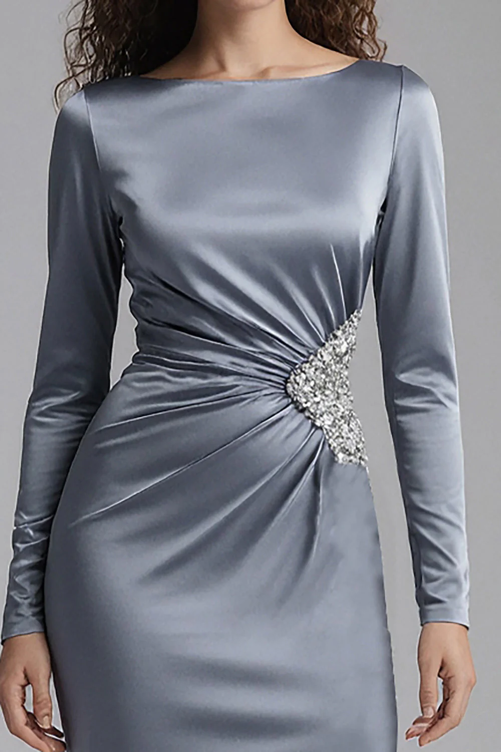 Dusty Blue Satin Sheath Long Sleeves Evening Dress with Rhinestones - Image 3