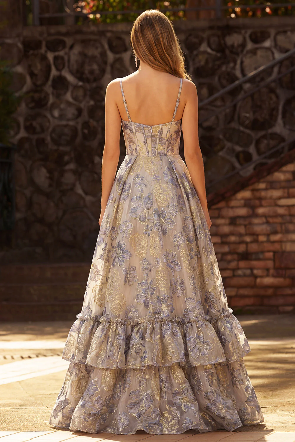 Dusty Blue Spaghetti Straps Jacquard Ruffled A Line Corset Long Prom Dress with Slit - Image 2